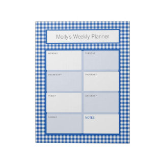 Blue and White Gingham Plaid Personalised Planner Notepad