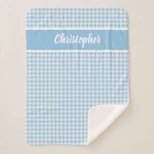 Blue and white gingham with name sherpa blanket
