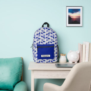 Blue and white gingko leaf printed backpack