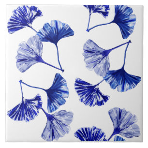 Blue and white gingko leaves ceramic tile