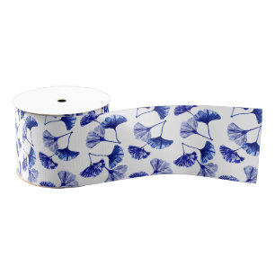 Blue and white gingko leaves grosgrain ribbon