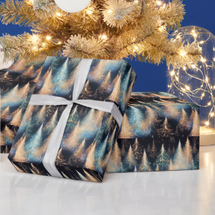 Blue and White Gold Trees Modern Christmas Wrapping Paper