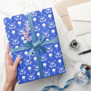 Blue and White Golf Balls and Clubs Wrapping Paper