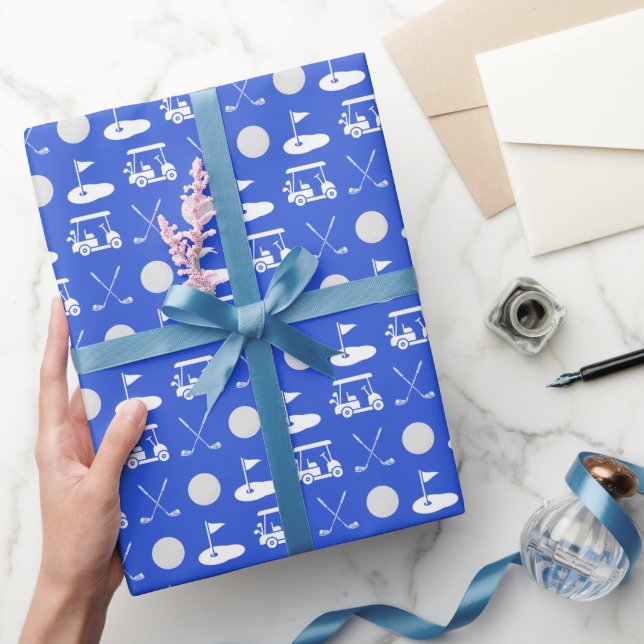 Blue and White Golf Balls, Carts & Clubs Wrapping Paper (Gifting)