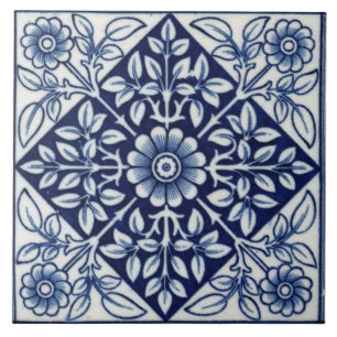 Blue and White Gothic Vintage Design Ceramic Tile