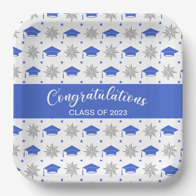 Blue and White Graduation Cap Pattern Paper Plate (Front)