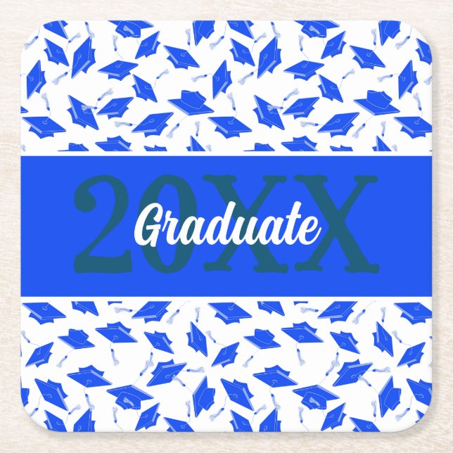 Blue and White Graduation Caps Thrown in the Air Square Paper Coaster (Front)