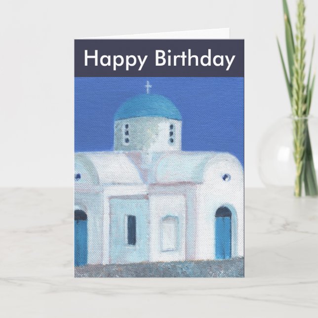Blue And White Greek Cypriot Church Happy Birthday Card (Front)