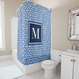 Blue and White Greek Key Monogram Shower Curtain