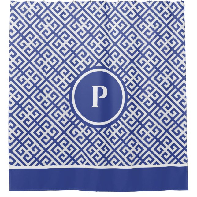 Blue and White Greek Key Monogrammed Shower Curtain (Front)