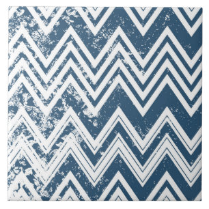 Blue and White Grunge Chevron Ceramic Tile