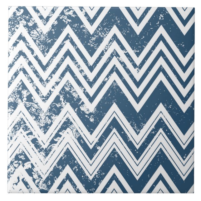Blue and White Grunge Chevron Ceramic Tile (Front)