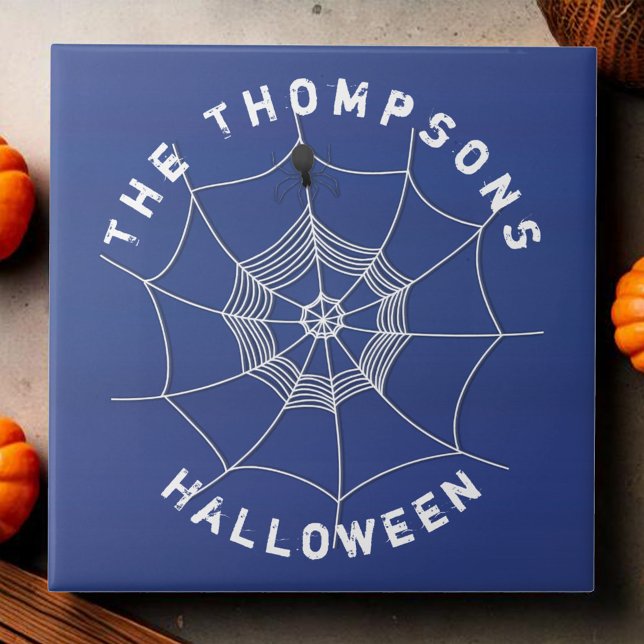 Blue and White Halloween Spooky Custom Ceramic Tile (Spooky Halloween blue and white spider web custom tile)