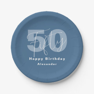 Blue And White Happy 50th Birthday Celebration Paper Plate
