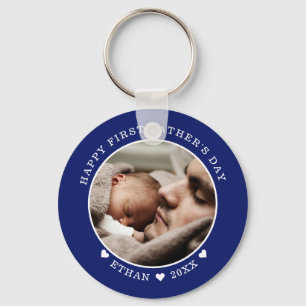 Blue And White Happy First Father's Day Photo Key Ring