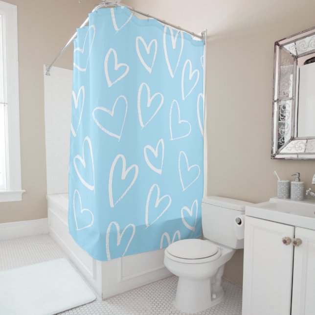Blue and white heart pattern  shower curtain (In Situ)