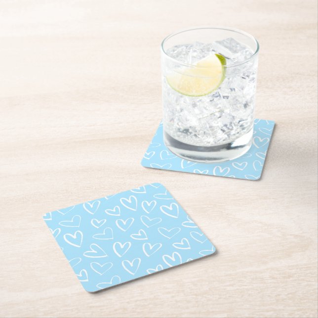Blue and white heart pattern  square paper coaster (Insitu)