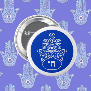 Blue and White Hebrew Chai Hamsa 6 Cm Round Badge