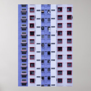 Blue and white high-rise building poster