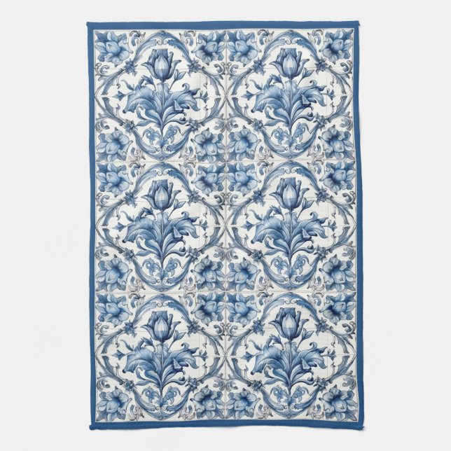 Blue and White Holland Pottery Tile  Tea Towel (Vertical)