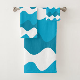 Blue and white horizontal waves pattern bath towel set