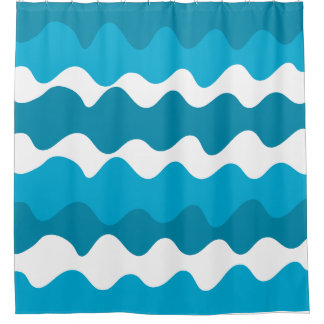 Blue and white horizontal waves pattern shower curtain