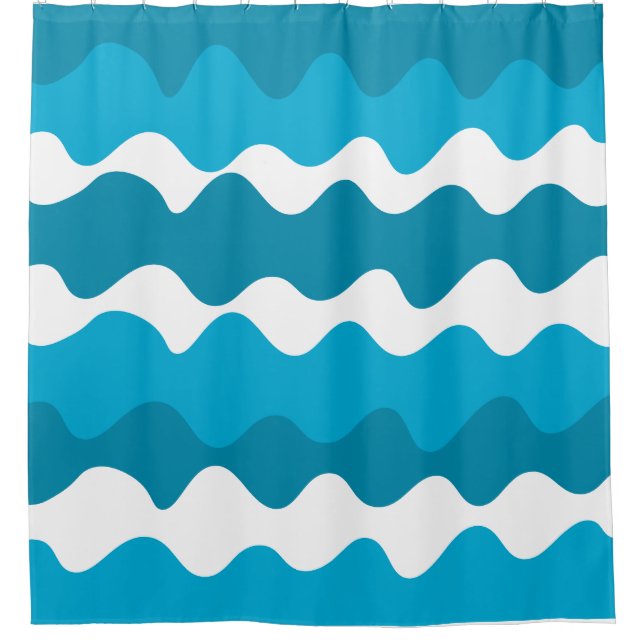 Blue and white horizontal waves pattern  shower curtain (Front)