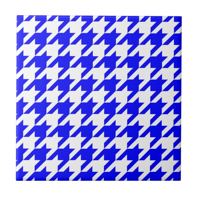 Blue and White Houndstooth Check Ceramic Tile (Front)