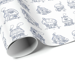 Blue and White Houses Illustrated Pattern Wrapping Paper