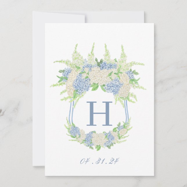 Blue and White Hydrangea Crest Downloadable Invitation (Front)