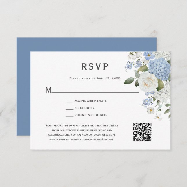 Blue and White Hydrangea, White Roses Floral RSVP Card (Front/Back)