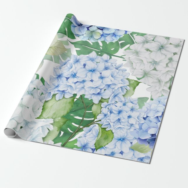 Blue and White Hydrangea Wrapping Paper (Unrolled)