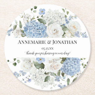 Blue and White Hydrangeas and Roses Floral Wedding Round Paper Coaster