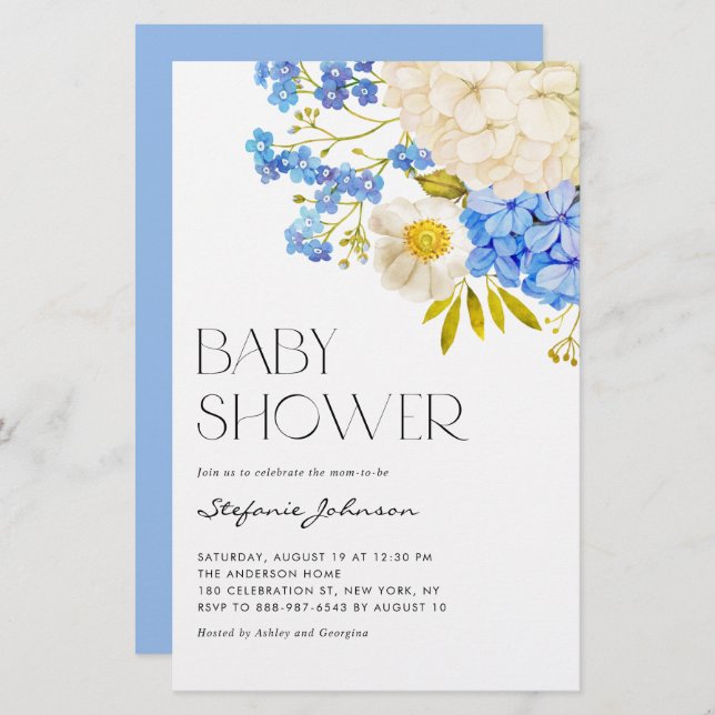 Blue and White Hydrangeas Baby Shower Invitation (Front/Back)