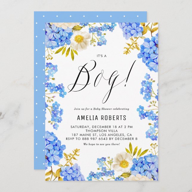 Blue and White Hydrangeas It's a Boy Baby Shower Invitation (Front/Back)