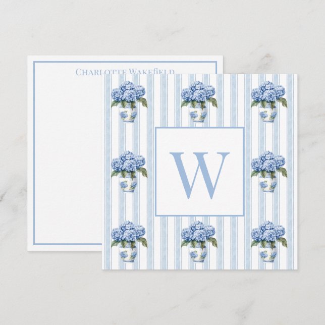 Blue and White Hydrangeas on Stripes Monogram Card (Front/Back)