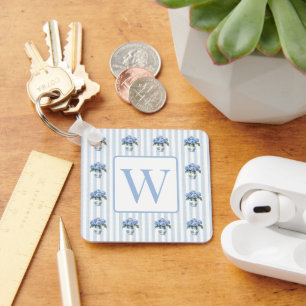 Blue and White Hydrangeas on Stripes Monogram Key Ring