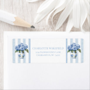 Blue and White Hydrangeas on Stripes Monogram Return Address Label