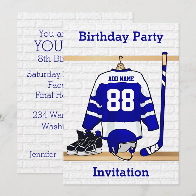 Blue and White Ice Hockey Jersey Birthday Party Invitation (Front/Back)