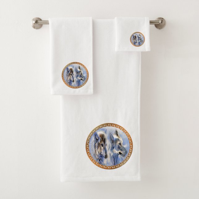 Blue and white ice wolves looking for dinner bath towel set (Insitu)