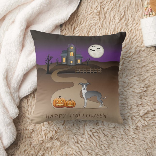 Blue And White Iggy And Halloween Haunted House Cushion (Blanket)