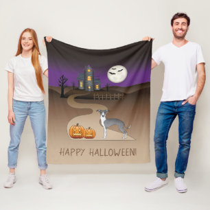 Blue And White Iggy And Halloween Haunted House Fleece Blanket