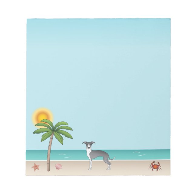 Blue And White Iggy Dog At A Tropical Summer Beach Notepad (Front)