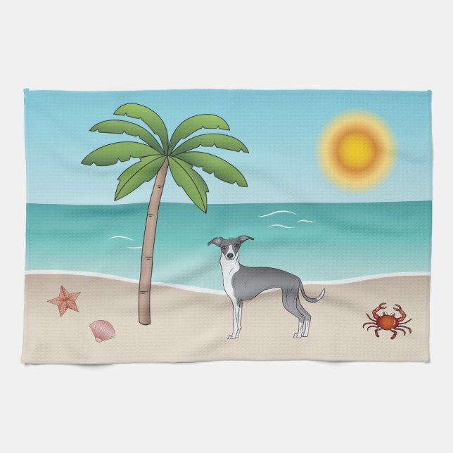 Blue And White Iggy Dog At A Tropical Summer Beach Tea Towel (Horizontal)