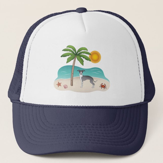 Blue And White Iggy Dog At A Tropical Summer Beach Trucker Hat (Front)
