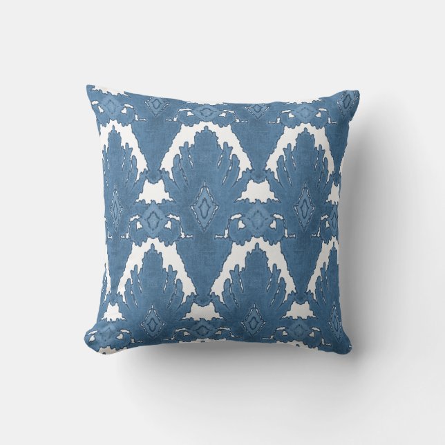 Blue and White IKAT Damask Moroccan Pattern Art Cushion (Front)