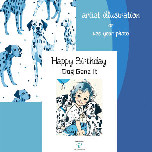 Blue and White Illustrated Dalmatian    Birthday Card