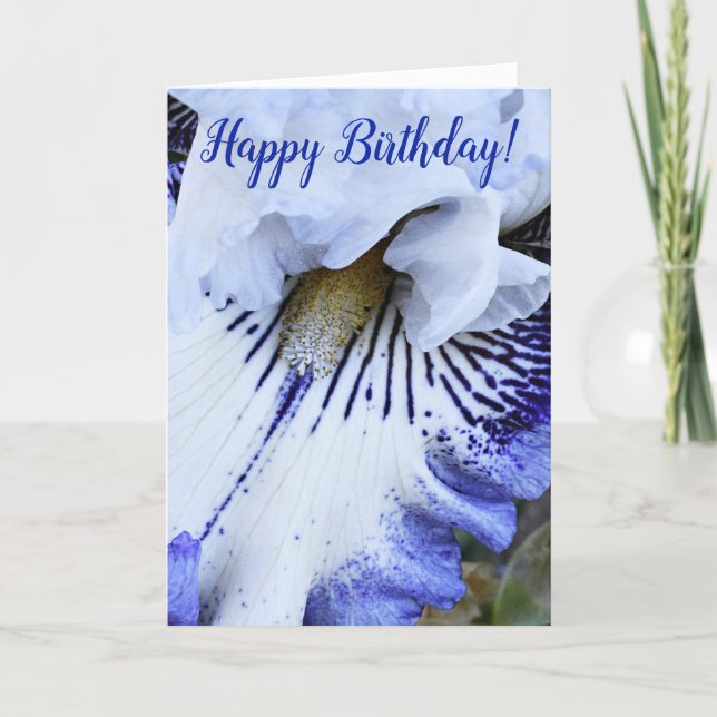 Blue and White Iris Floral Birthday Card (Front)