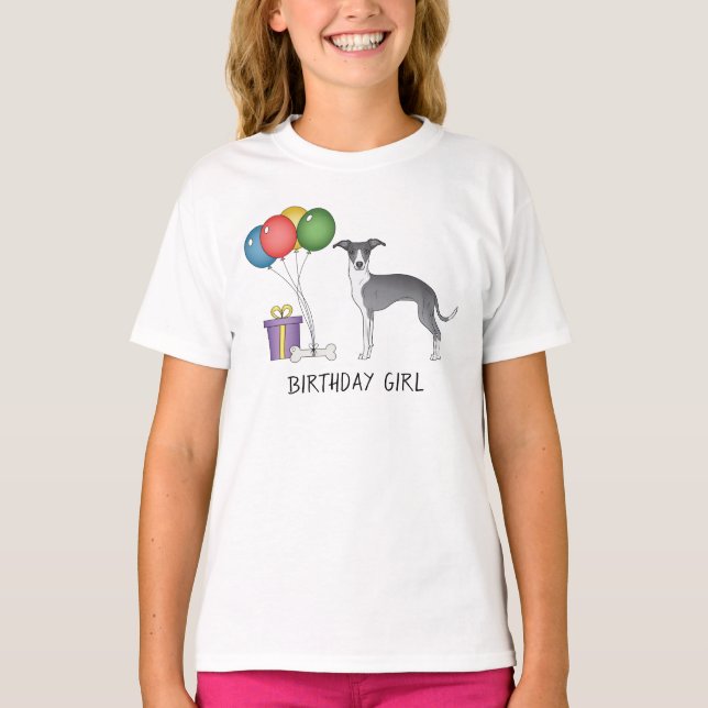 Blue And White Italian Greyhound - Birthday Girl T-Shirt (Front)