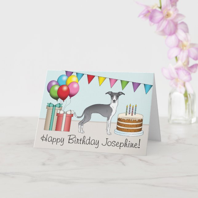 Blue And White Italian Greyhound Colourful Birthda Card (Orchid)